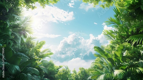 A lush green jungle with a clear blue sky above