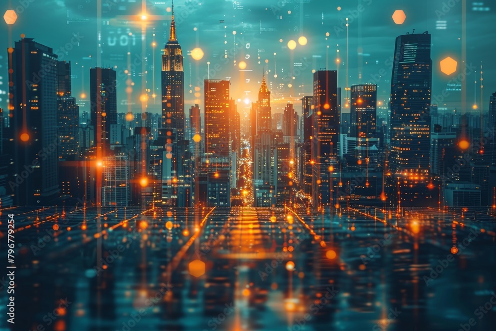An illustration of a vibrant, futuristic cityscape overlayed with a network of connected digital nodes, symbolizing connectivity and technological advancement