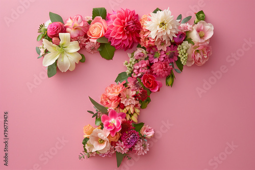 Top View Floral Number Seven. Top view of a floral arrangement shaping the number 7, ideal for celebrations.