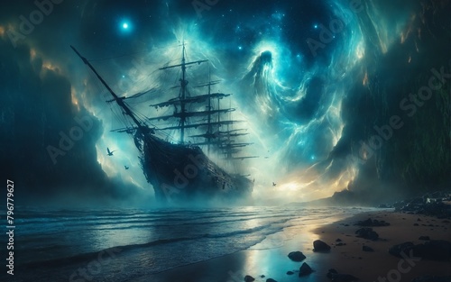 Nava magica fantasma sul bordo riva photo