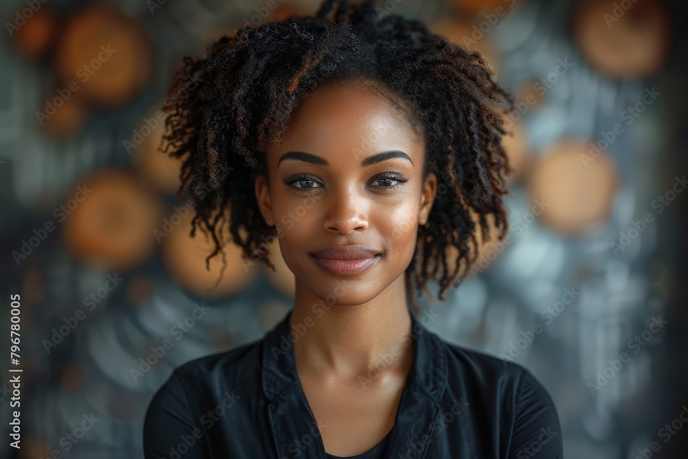 A striking portrait showcasing the calm confidence and beauty of a young woman with natural curly hair A striking portrait showcasing the calm confidence and beauty of a young woman with natural curly hair