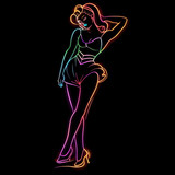 Simple vector graphic of a neon 1950-th style, pin up woman girl on a black background. Design element for nightlife promotion.