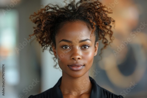 Portrait of a young woman exuding elegance with her curly hair and a black top against a blurred background