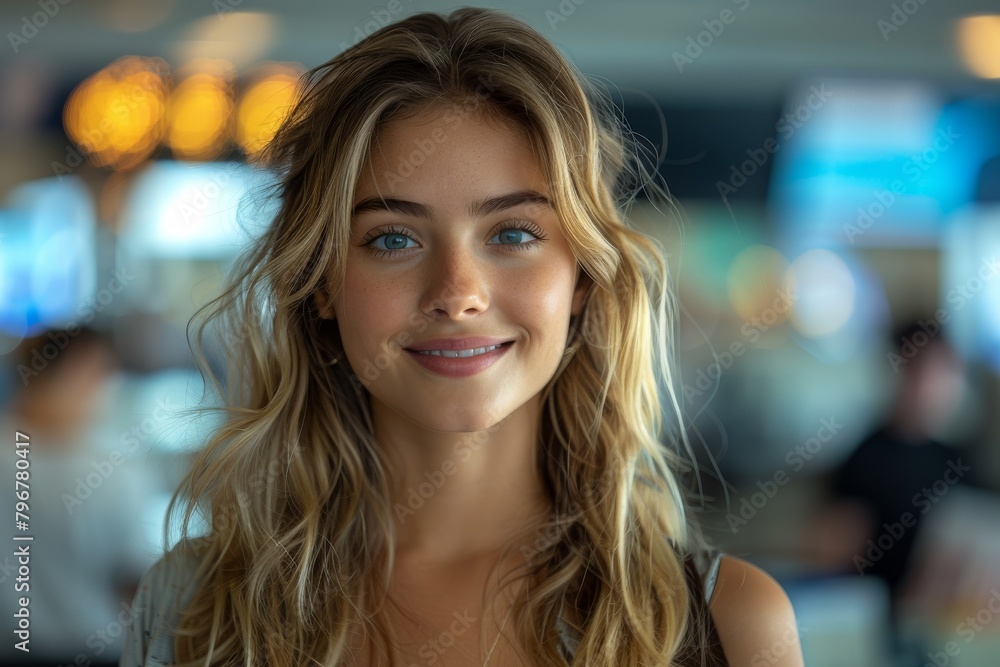 A stylish young blonde woman smiling brightly in an airport terminal, expressing positivity A stylish young blonde woman smiling brightly in an airport terminal, expressing positivity