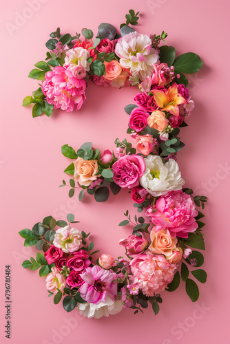 Top View Floral Number Three Composition. Top view of floral number three, ideal for birthdays and anniversary.  © Anastasiia Ignateva