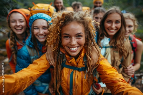 Group of adventurous friends taking a fun selfie in a forest setting with happy expressions