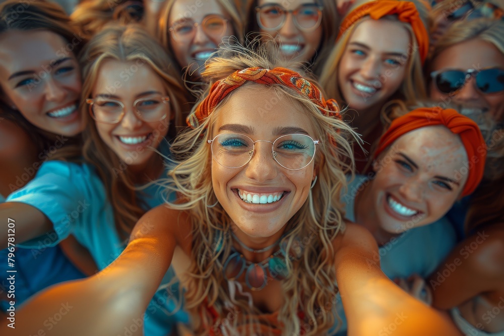 Huge group of carefree friends in bright colors taking a sunlit selfie at the beach with big smiles Huge group of carefree friends in bright colors taking a sunlit selfie at the beach with big smiles