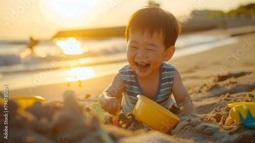 Joyous Asian Child Enjoying Beach Adventure at Sunset