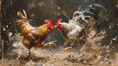 Rooster fighting, colliding, oil painting photo