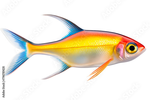 Glowlight tetra fish isolated on white or transparent background. Close-up of colorful fish, side view. A graphic design element to be inserted into a project.