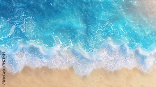 Abstract sand beach from above with light blue water wave and sun lights, summer vacation background concept. Generative AI