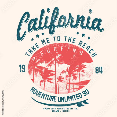 Vintage summer Beach Retro Text Print for California surfing beach print , typography slogan text vector , palm tree beach resort, summer t shirt screen print, college text for beach vibes 