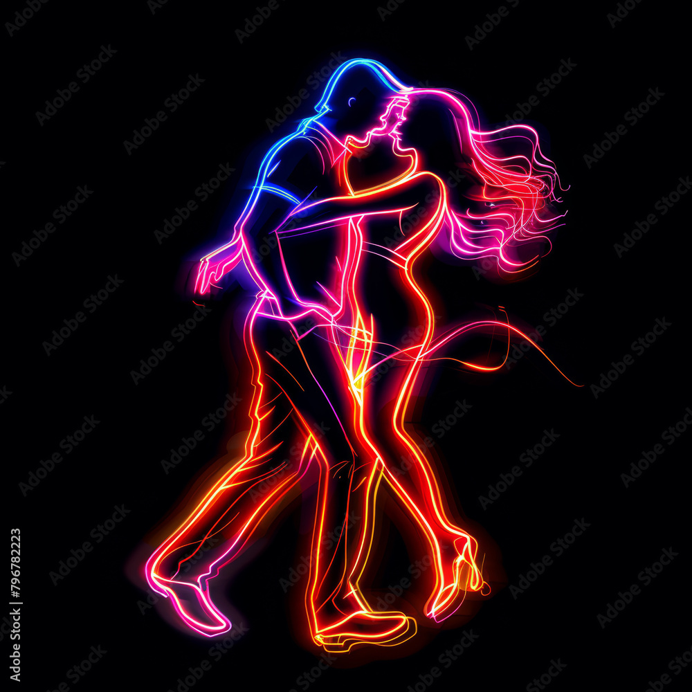 Simple vector graphic of neon man and woman dancing icons, isolated on black background.
