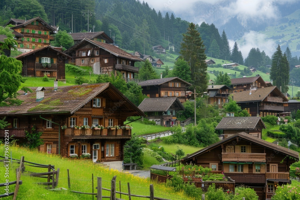 Wood Building. Traditional wooden house in Switzerland, Valais. Travel to Swiss architecture
