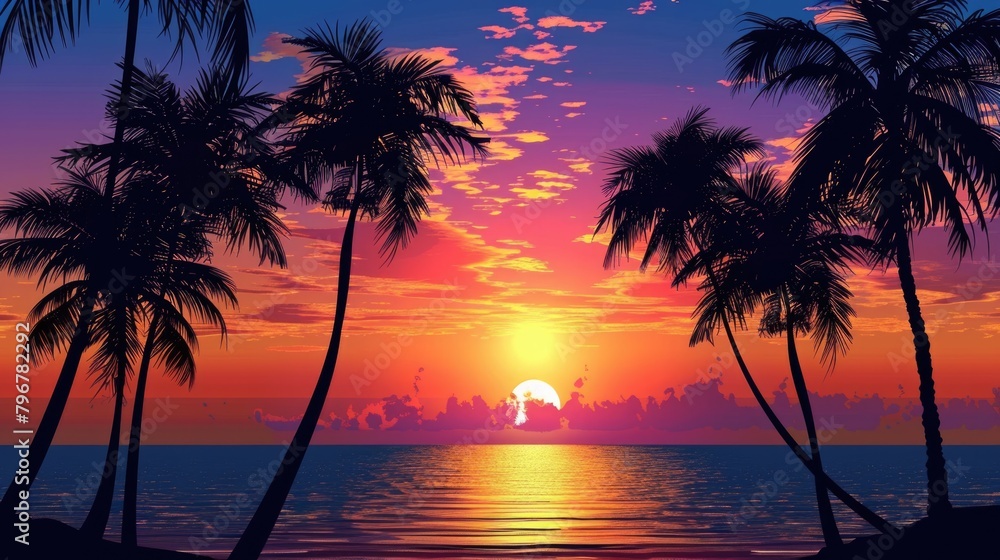 Sunset With Trees. Palm Tree Silhouettes on Beautiful Tropical Beach at Dusk