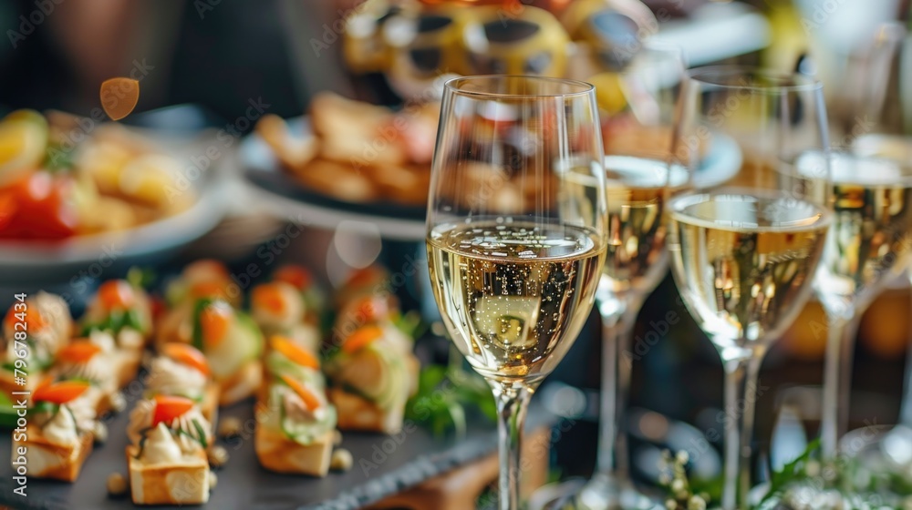 Party Events. Stylish Champagne Glasses and Food Appetizers on Wedding Reception Table