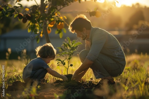 Environment Family. Father and Son Planting a Tree in Green Sunny Nature © AIGen