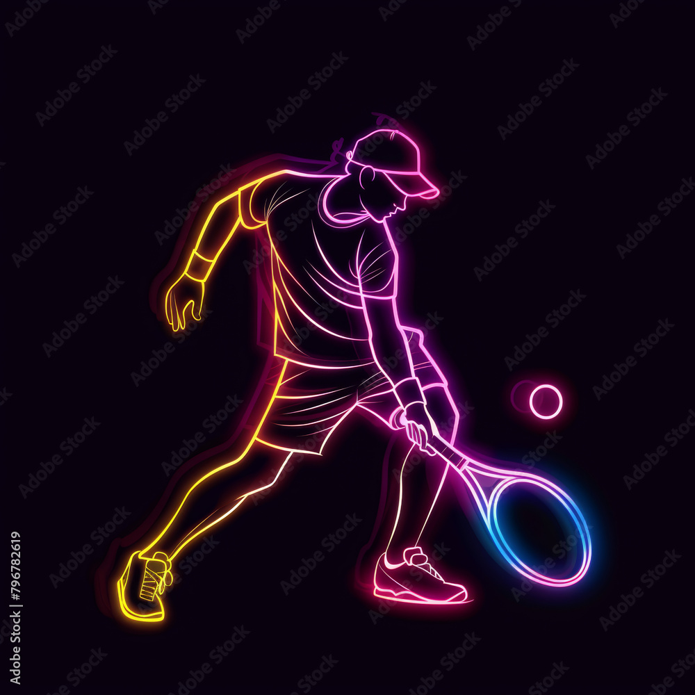 Simple vector graphic of neon tennis player, ball isolated on black background. Simple vector graphic of neon tennis player, ball isolated on black background.