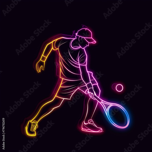 Simple vector graphic of neon tennis player, ball isolated on black background.