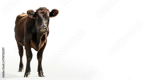 Black cow angus isolated on plain white background. Best quality beef farming.