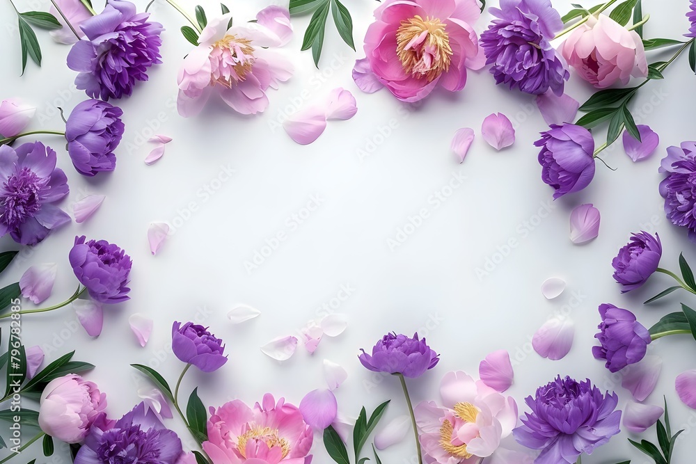 Pink and purple peony flowers viewed from above on a white background. Concept Flower Photography, Peony Flowers, Pink and Purple, From Above View, White Background