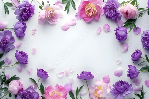 Pink and purple peony flowers viewed from above on a white background. Concept Flower Photography  Peony Flowers  Pink and Purple  From Above View  White Background