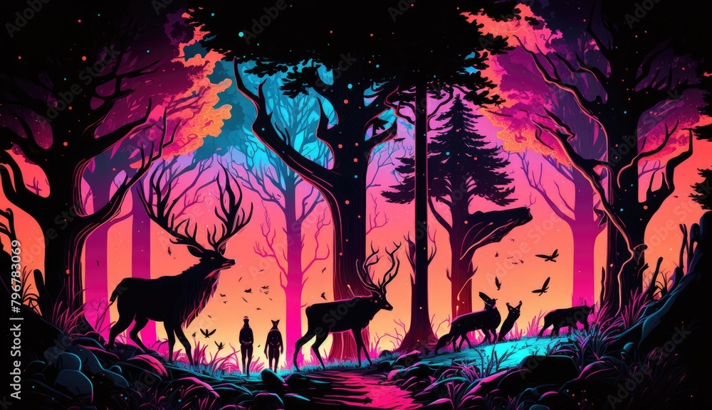 an illustration glowing forest with neon-colored trees, animals, and a bright, colorful sky, a neon-infused design of a surreal, AI Generative