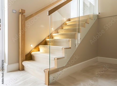 Close up of oak staircase with glass balustrade in a modern house interior photo
