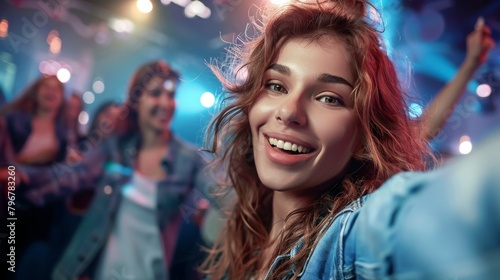 Beautiful happy cute young woman dancing at a nightclub party, disco girl having fun with friends