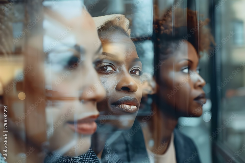 Group of diverse professionals looking out office window sharing business aspirations. Concept Office Environment, Diversity, Teamwork, Business Vision, Professional Growth Group of diverse professionals looking out office window sharing business aspirations. Concept Office Environment, Diversity, Teamwork, Business Vision, Professional Growth