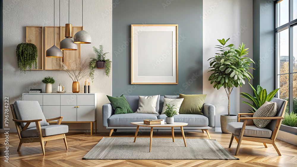A modern living room with a grey cushioned sofa and a pair of stylish armchairs.In the room,a striking contrast of warm wood-effect tones and cool grey shades is complemented by houseplants.AI