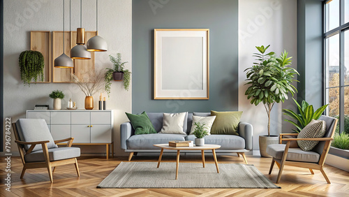 A modern living room with a grey cushioned sofa and a pair of stylish armchairs.In the room a striking contrast of warm wood-effect tones and cool grey shades is complemented by houseplants.AI