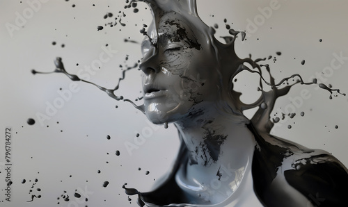 Fashion surreal Concept. Closeup portrait of man woman dissolve melting emerging from grey gray molten liquid paint. illuminated with dynamic composition and dramatic lighting. copy text space © Sandra Chia