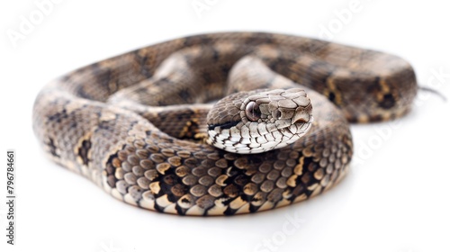 Venomous African rattlesnake on white background.