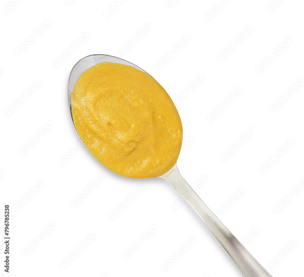 Tasty mustard sauce in spoon isolated on white, top view Tasty mustard sauce in spoon isolated on white, top view