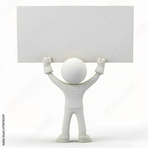 Cartoon Stick Figure with Blank Sign: 3D Render on White Background