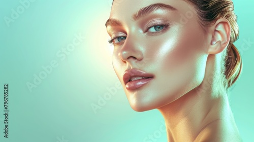 woman's high cheekbones and elegant nose, artfully highlighted against a seafoam green background with room for copyspace photo