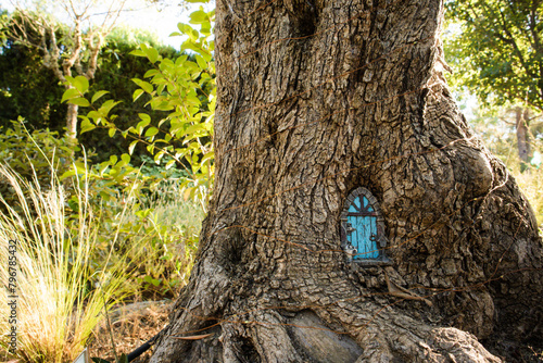 An antique blue wooden door in a tree trunk in summer fall woods. A cabin on the edge of the forest. Woodland real estate. Tree ruts and green grass background in summertime light. Magic fantasy world photo