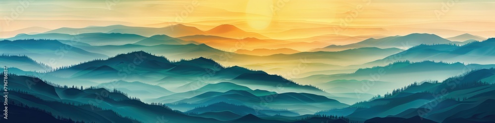 Illustration Landscape. Serene Countryside Dawn with Rolling Hills Background