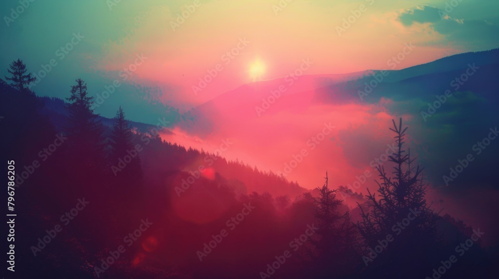 Mountain Sunrise. Majestic Dawn Colors Over Misty Mountains Filtered with Vintage Effect