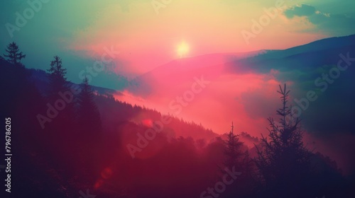 Mountain Sunrise. Majestic Dawn Colors Over Misty Mountains Filtered with Vintage Effect