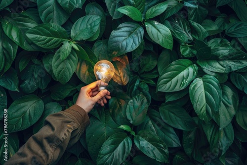 Energy Nature. Hand Holding Light Bulb in Nature with Icons of Energy Sources for Renewable and Sustainable Development