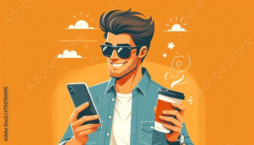 Man with Smartphone and Coffee. Man holds a smartphone and a hot coffee cup, styled in a modern illustration.