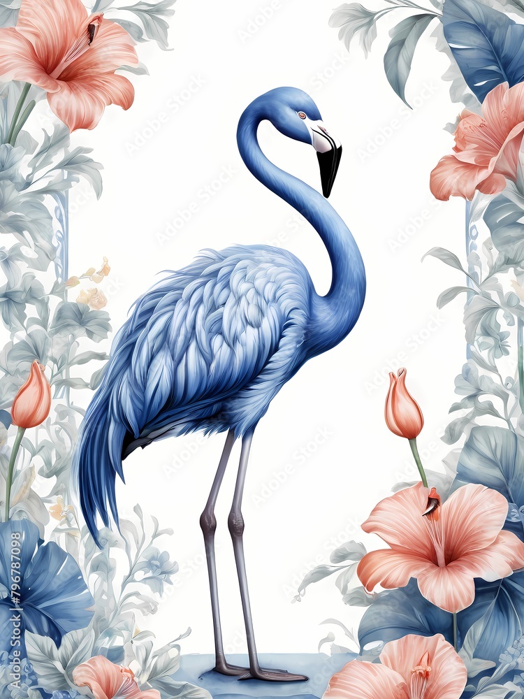 Fototapeta premium Floral blue flamingo painting generative AI illustration 