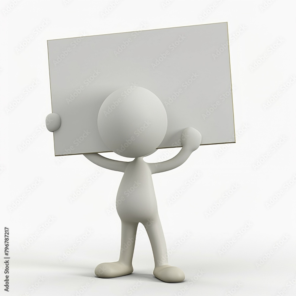 3D Cartoon Stick Figure Character Holding Blank Sign on White Background, Simple White Design, High Resolution Stock Photo