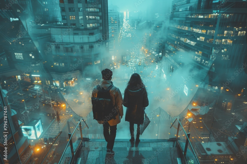 A couple stands at the top of a staircase, gazing upon a foggy urban landscape illuminated by city lights and bustling traffic A couple stands at the top of a staircase, gazing upon a foggy urban landscape illuminated by city lights and bustling traffic