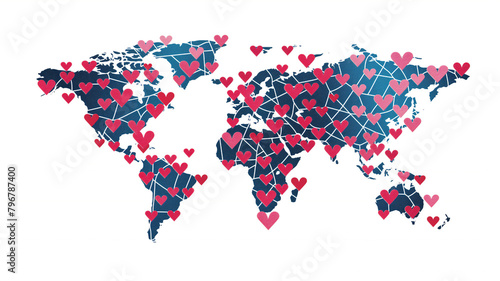 World map with a network design overlaid with red hearts scattered across various locations.