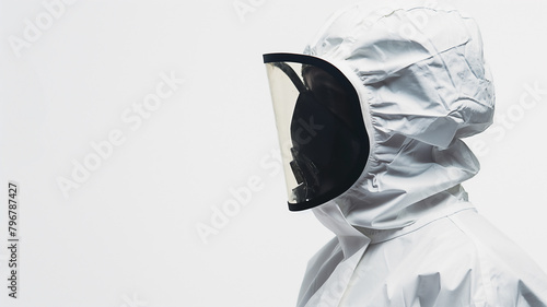 Person in a white hazmat suit with a full-face protective visor against a white background. photo