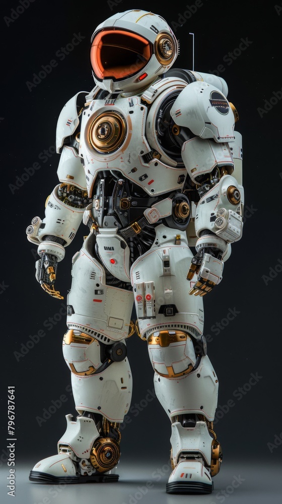 A white and gold robot standing on a black background, AI A white and gold robot standing on a black background, AI