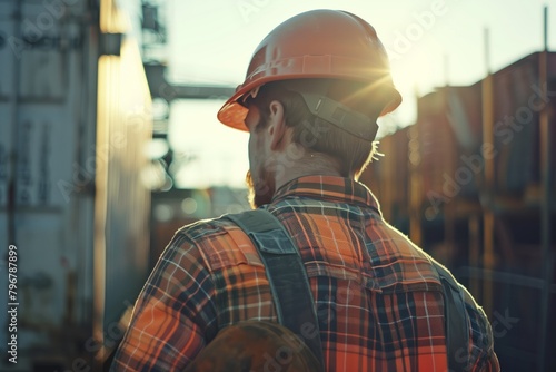 Worker in orange helmet at sunset at port © gearstd
